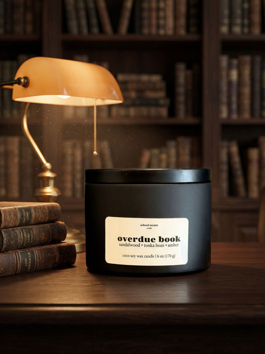 overdue book 6 oz candle